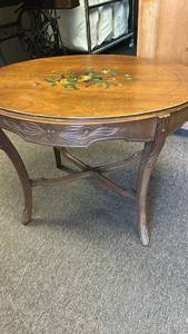 lot 60002 image: Round Wood Side Table with Inlaid Floral Design