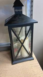 lot 60033 image: Black Candle Lantern with X-Pattern Glass Panels and Pitched Roof
