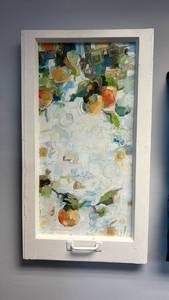 Abstract Oil Painting on Antique Window  with White Frame Fruit Botanical Study