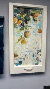 lot 60039 image: Framed Abstract Oil Painting Floral Composition on antique window panel