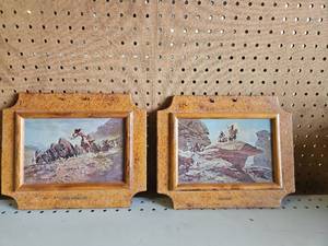 lot 5018 image: 2 Framed Western Prints Sioux Buffalo Hunt Hostels Cork Mats