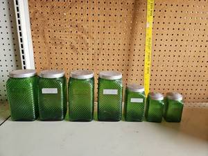 lot 5029 image: Vintage Owens Illinois Emerald Green Diagonal Stripe Hoosier Jars Set of 7 with Lids. $$$$$