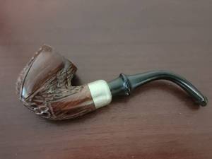 lot 10071 image: Carved Tobacco Smoking Pipe with Metal Band and Stem