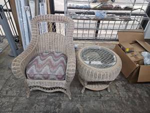 lot 15 image: Pennsylvania House Wicker Collection Armchair and Round Glass Table Set