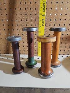 lot 5040 image: 4 Wooden Thread Spools with Metal Caps and Bases