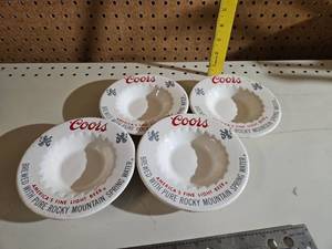 lot 5047 image: Coors Branded Ceramic Ashtray Set of 4 Americas Fine Light Beer Rocky Mountain Spring Water. NOS Vintage