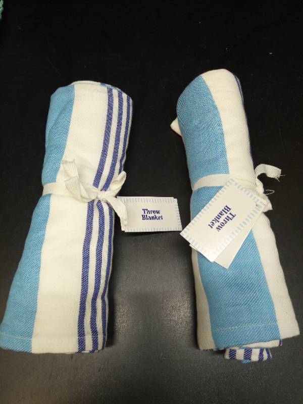 lot 2023 image: Blue and White Striped Woven Throw Blankets Set of 2 - Retail $25