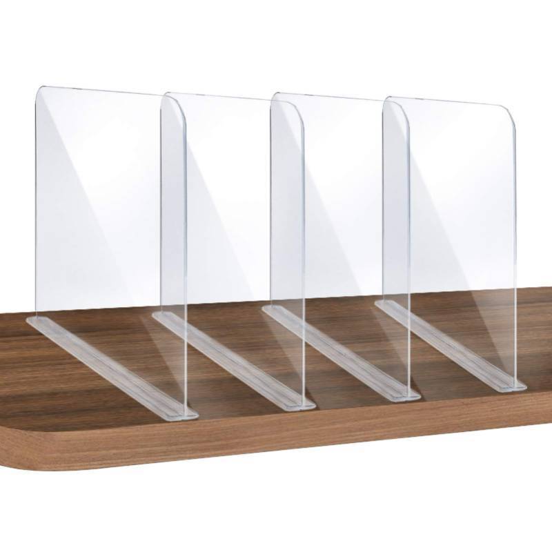 lot 2014 image: ROUFA 4Pcs Clear Acrylic Shelf Dividers, Adjustable Closet Organizer Fit for Any Thickness of Shelves, Multi-Purpose Wood Shelf Separators for Bedroom, Kitchen, Office, Bathroom, 11.8x11 - Retail $26