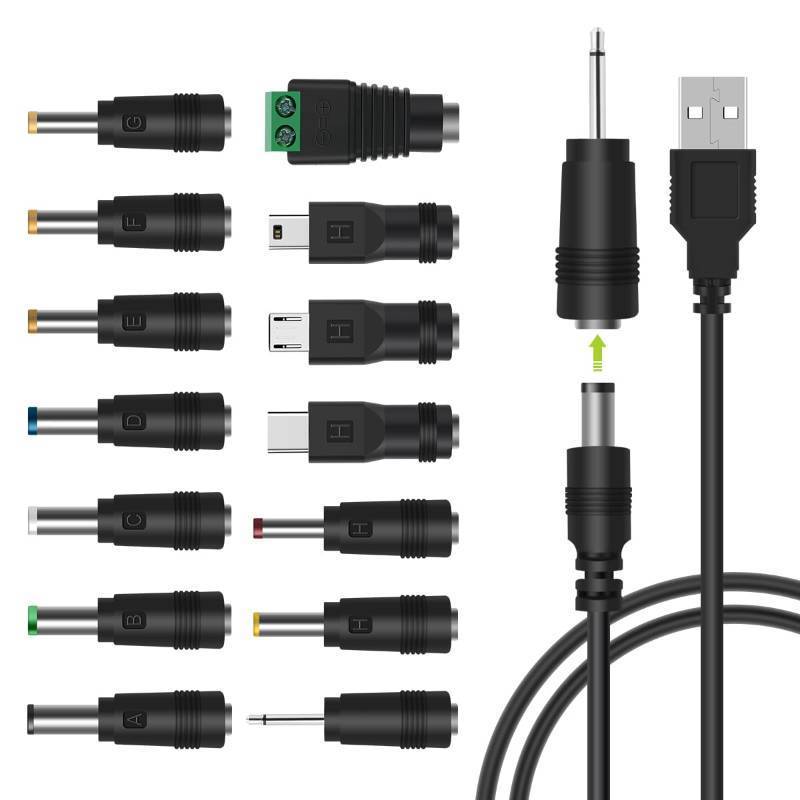 lot 2011 image: LANMU USB to DC Power Cable, DC 5V Power Cord 5.5 2.1mm Jack Charging Cable with 14 Interchangeable Plugs Addapters for 5V Devices - Retail $10