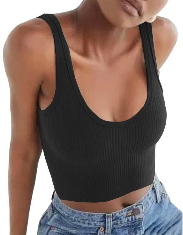 lot 2119 image: Artfish Womens Sleeveless Shirt Ribbed Fitted Scoop Neck Basic Crop Tank Top Cotton Black, M - Retail $17