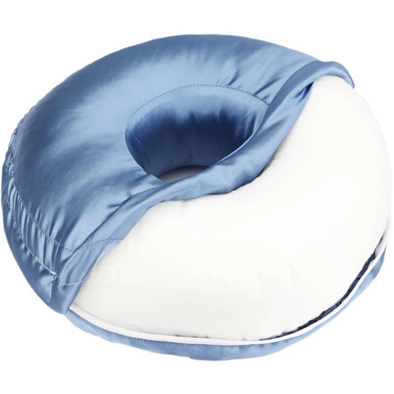lot 2081 image: Silky Ear Piercing Pillow with Removable Cover Ear Hole Donut Pillows for Side Sleepers Ear Pain Relief Sleeping CNH Pressure Sore Ear Guard Satin Haze Blue - Retail $17