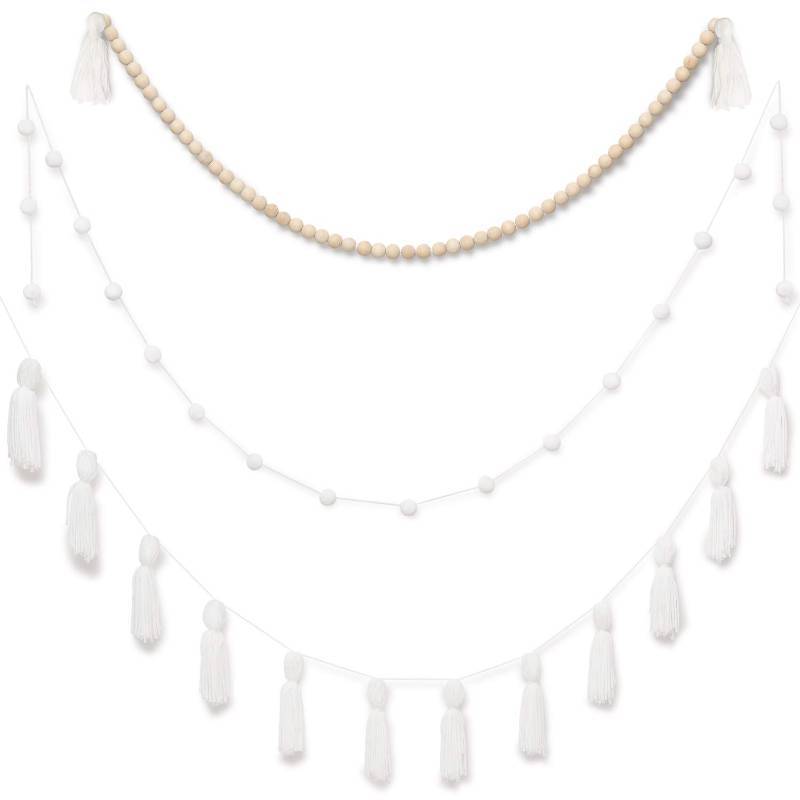 lot 2111 image: Dahey Wood Bead Garland with Tassels Banner Pom Pom Balls Garlands Decorative Wall Hanging for Boho Home Decor, Baby Shower, Nursery Room, Wedding, Birthday Christmas Party Decorations, 3 Pack - Retail $17