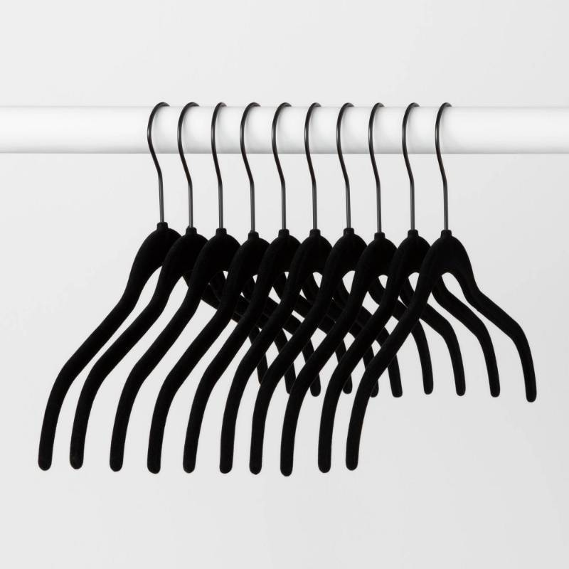 lot 2124 image: 10ct Shirt Flocked Hangers - Black - Brightroom Velvet Clothes Hangers, Adult Use, Plastic & Felt, 1-Year Warranty - Retail $19