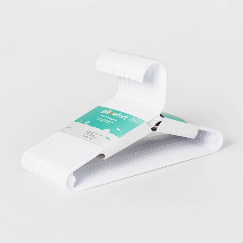 lot 2125 image: 18pk Kids Hangers White - Pillowfort Plastic Toddler Clothes Storage, Strap Notches, Lifetime Warranty - Retail $19