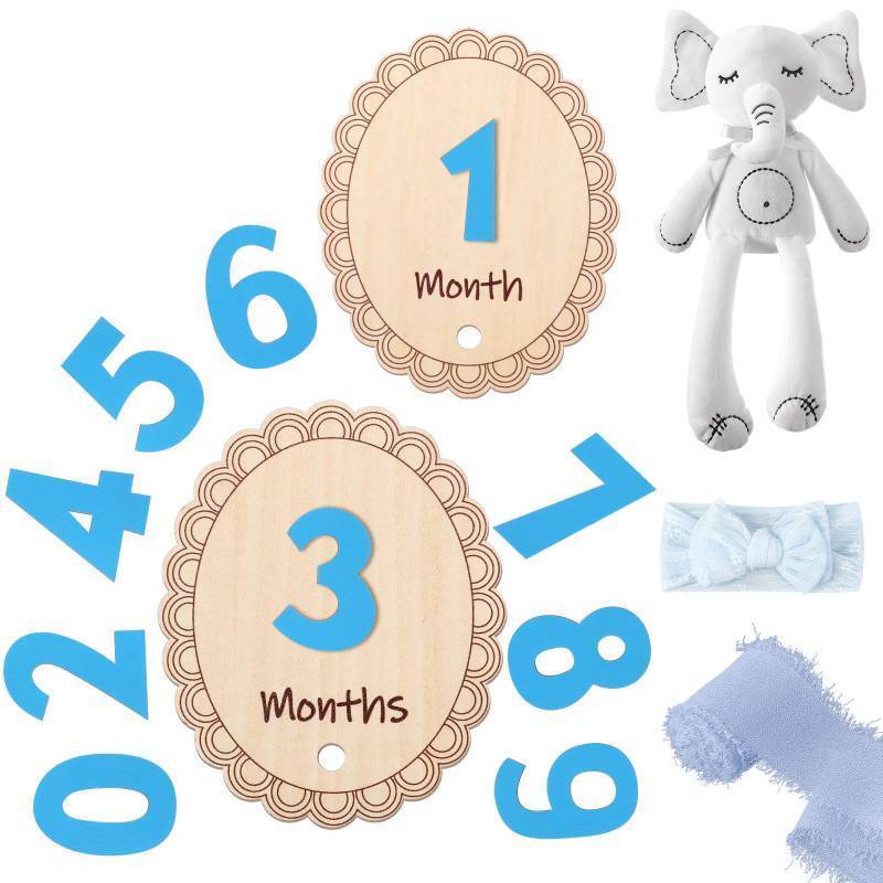 lot 2130 image: Wonderjune 15 Pcs Baby Monthly Milestone Cards Set 5 x 6 Inch Wooden Monthly Milestone Discs Newborn Photography Props Kit One Month Baby Sign Milestone(Blue) - Retail $9