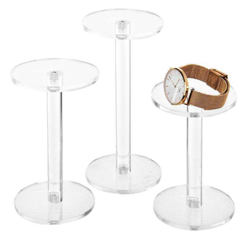lot 2132 image: MyGift Acrylic Display Riser, Set of 3 Clear Round Acrylic JewelryWatch Display Pedestal Riser Stands - Retail $20