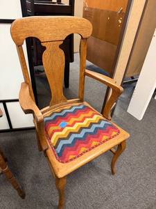 lot 6 image: Vintage wooden arm chair with upholstered seat 40 x 24 x 24 in