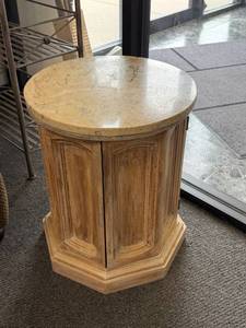lot 12 image: Hexagon end table with round stone top22 x 18 x 18 in