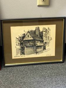 lot 53 image: Framed signed Paul Revere house wall decor 13 x 17 in