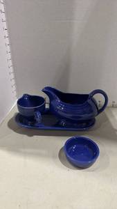 lot 1013 image: Vintage Fiesta Cobalt Blue Gravy Boat Set with Tray, Creamer and Bowl
