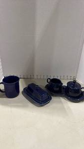 lot 1015 image: Vintage Fiesta Cobalt Blue Ceramic Serveware Set and butter dish  and cobalt blue coffee mug