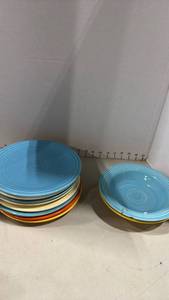 lot 1026 image: Stamped Fiesta HLC USA Mixed Color Ceramic Plates and bowls one is chipped