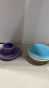 lot 1030 image: Stamped Fiesta HLC USA Mixed Color Ceramic Plate Set with Cup and Saucer