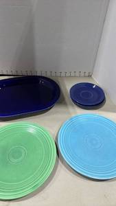 lot 1031 image: Fiesta-Style Ceramic Plate and Platter Set in Cobalt, Turquoise, and Green