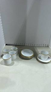lot 1037 image: Fitz and Floyd White and Gold Trim Demitasse Cup and Saucer Set