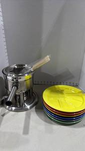 lot 1040 image: Stainless Steel Fondue Set with Hoffritz Multicolor Divided Plates and Fondue Forks