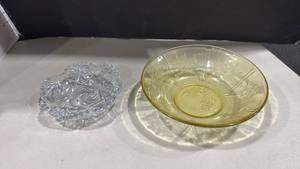 lot 1049 image: Federal Glass serving bowl features the Sharon Cabbage Rose amber colored and cut crystal dish with serrated edges