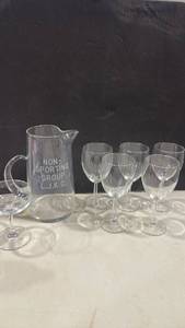 lot 1051 image: Non-Sporting Group L.J.K.C. Etched Glass Pitcher and Stemware Set