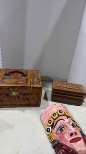 lot 1053 image: Tooled Leather Jewelry Box with Painted Wood Folk Art Mask