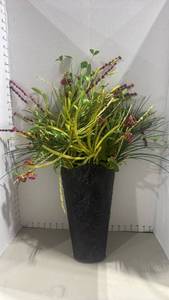lot 1064 image: Large Artificial Floral Arrangement in Embossed Metal wall Vase approx 27 inches tall
