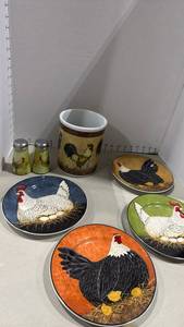 lot 1065 image: Warren Kimble Henny Penny Rooster & Hen Kitchen Set - Plates, Utensil Holder & Salt and Pepper Shakers