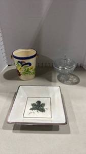 lot 1069 image: Williams-Sonoma Ceramic bowl, Glass Candy Dish & floral planter bucket