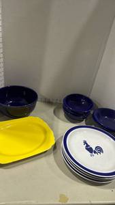 lot 1072 image: Country Blue International House Rooster Dinnerware Set with Cobalt Stoneware Bowls and Yellow Platter