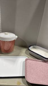 lot 1074 image: Kitchen Serveware Set with Enamel Pans, Ice Bucket, and Serving Tray