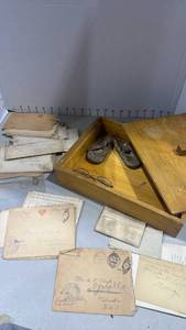 lot 1097 image: WWI Era Soldier Mail Collection with Keepsake Box, Baby Shoes and Eyeglasses