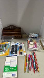 lot 1116 image: Office Supply Lot with Wooden Desk Organizer and Stationery Accessories