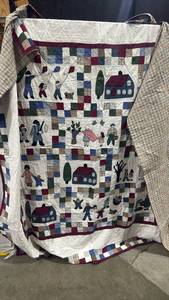 lot 1166 image: Handmade Patchwork Quilt with Country Folk Scene approx 84x82
