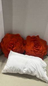 lot 1172 image: 3D Felt Rose Decorative Throw Pillows Set with White Lumbar Pillow