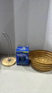 lot 1214 image: Kitchen Home Decor Lot Butter Bell Crock, Banana Hanger & Woven Basket