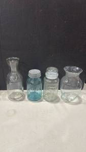 lot 1230 image: Assorted Glass Jar and Bottle Collection - Ball Mason, Planters, Carafe and Vase