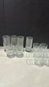 lot 1232 image: Mixed Clear Glass Drinkware Set - Ribbed Tumblers and Cut Crystal Style Rocks Glasses