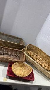 lot 1236 image: Mixed Wicker and Rattan Basket Collection and wood and corrugated metal planter box