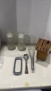 lot 1254 image: Kitchen Lot Glass Canister Jars, Wooden Knife Block, butter cutter and more
