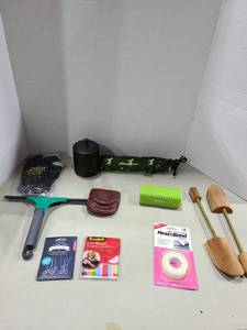 lot 1281 image: Mixed Household Lot Eddie Bauer Roll Bag, Scotch Lint Sheets, HeatnBond Hem Tape, Shoe Trees, RuffinIt Brush & More