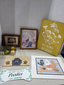 lot 1282 image: Decorative Wall Art and Home Decor Lot - Framed Prints, Welcome Sign, Poodle Plaque