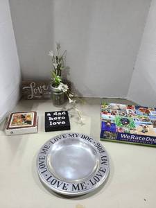 lot 1289 image: Dog Lover Lot Pet Bowl, Puzzle, Coasters, Wall Signs